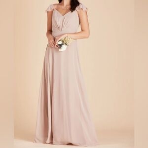 Birdy Grey NWT Kae Ruffle Cap Sleeve Chiffon Long Bridesmaid Dress Taupe S